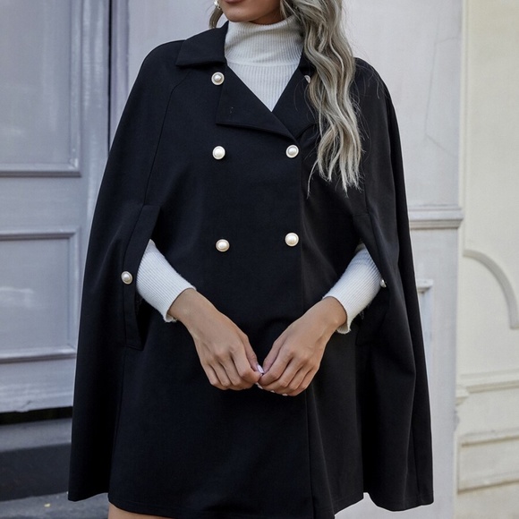 black fall cape pea coat jacket pearl button detai - Picture 2 of 7